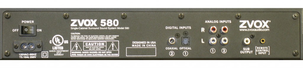 ZVOX's Z-Base 580 soundbase with the rear panel shown
