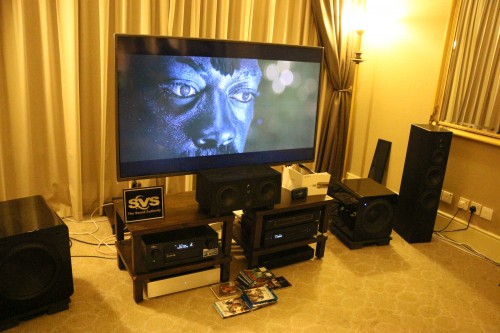 Max was demo-ing Dolby Atmos with his SVS AV speakers and ceiling speakers. He had two SVS subs connected to the AV system,