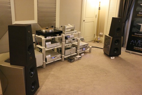 The demo system in Centre Circle's room comprising Chord components and Rosso Fiorentinno Sienna speakers.